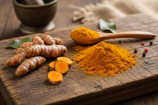 Turmeric roots, powder in a bowl, and extract capsules — Moriko water-soluble curcumin ingredients
